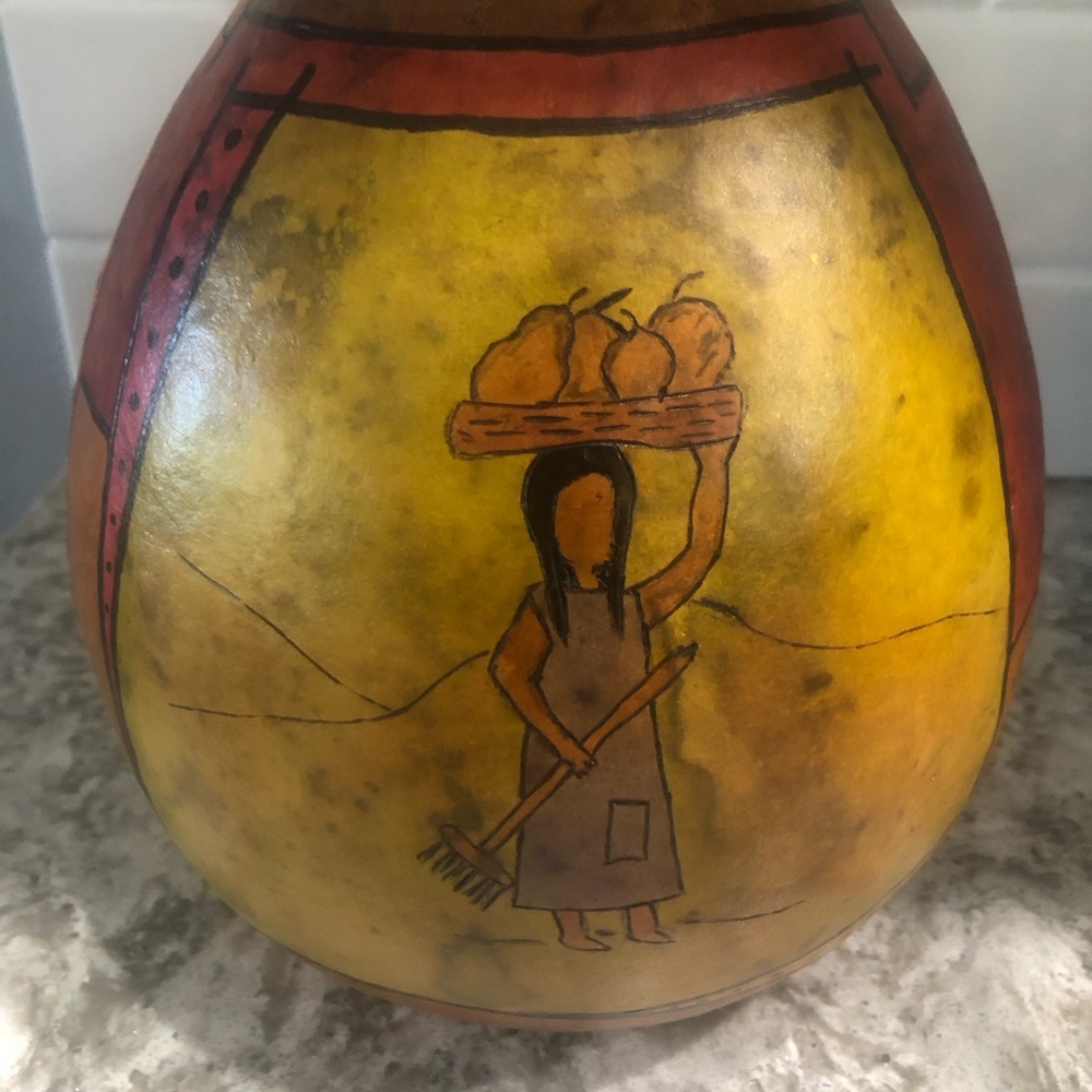 Deb Yellow and Brown Folk Art Gourd with Fruit Carrier Motif